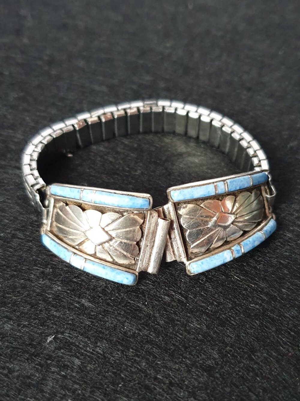 1960s Navajo Turquoise Inlay Sterling Silver & Stainless-Steel Watch Band
